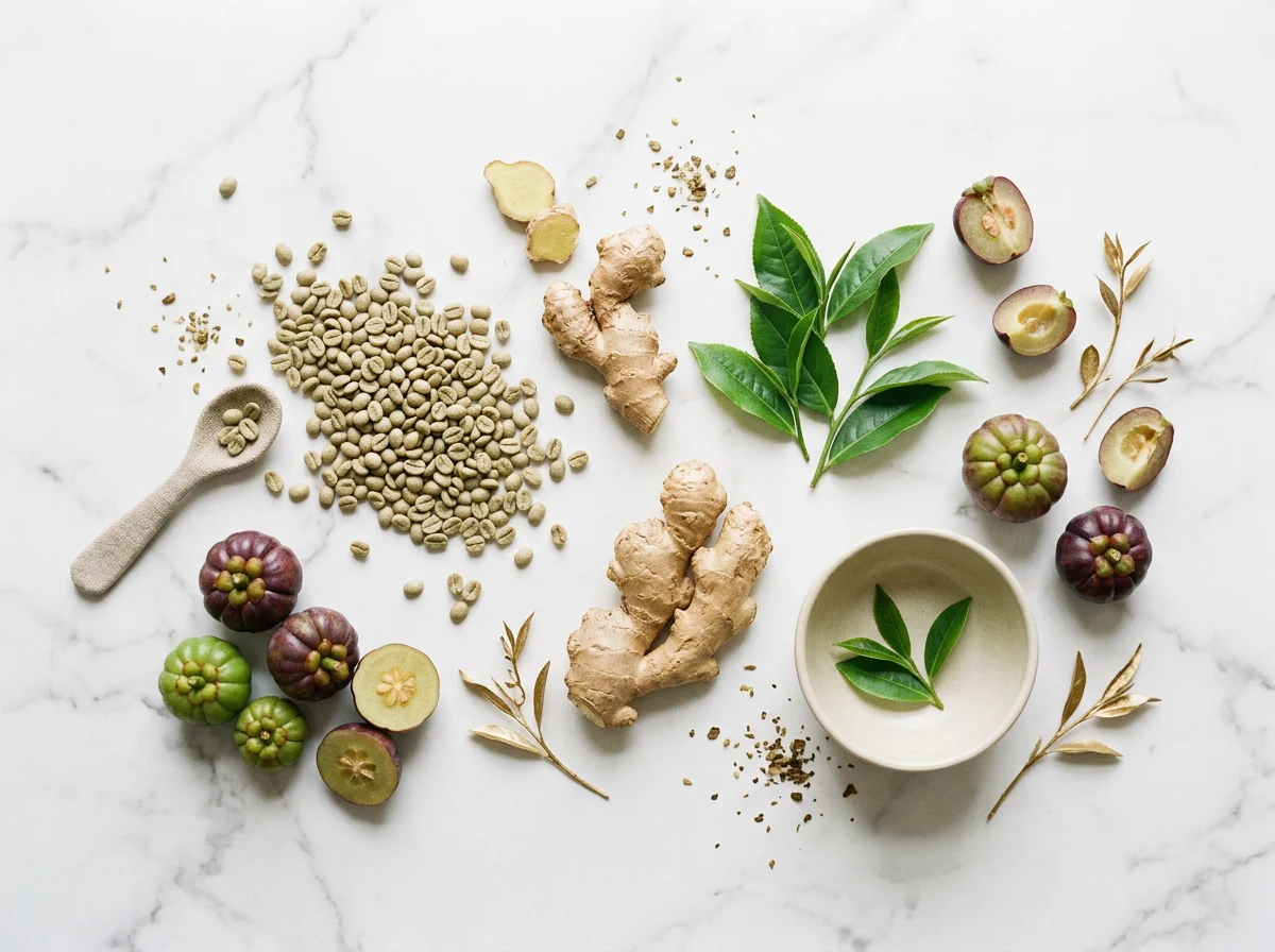Botanical ingredients: green coffee beans, ginger root, green tea leaves and garcinia cambogia on white marble
