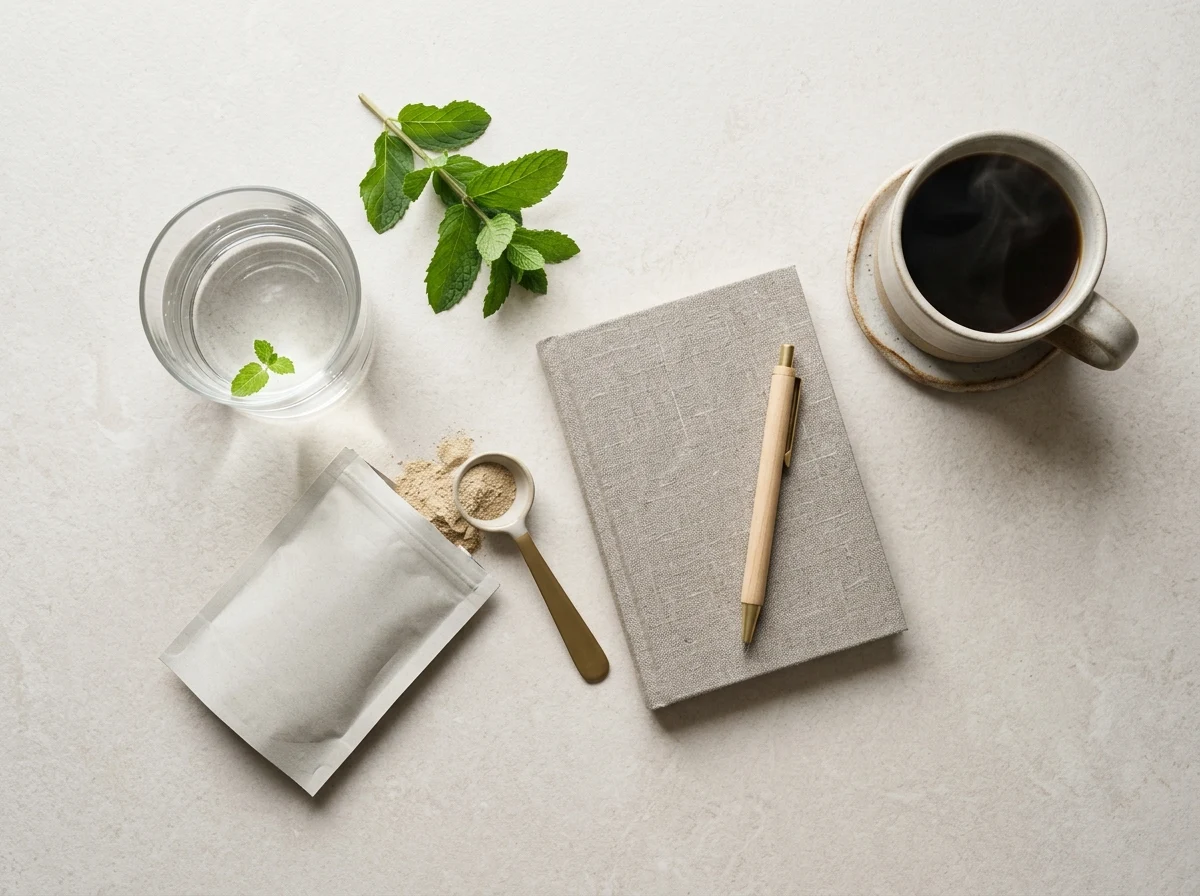 Morning wellness routine with a sachet of supplement, coffee, and fresh botanical ingredients